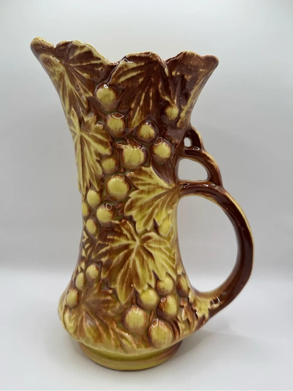 Vintage McCoy Pottery Grape Leaf Pitcher Vase Yellow Brown Glaze 9.5